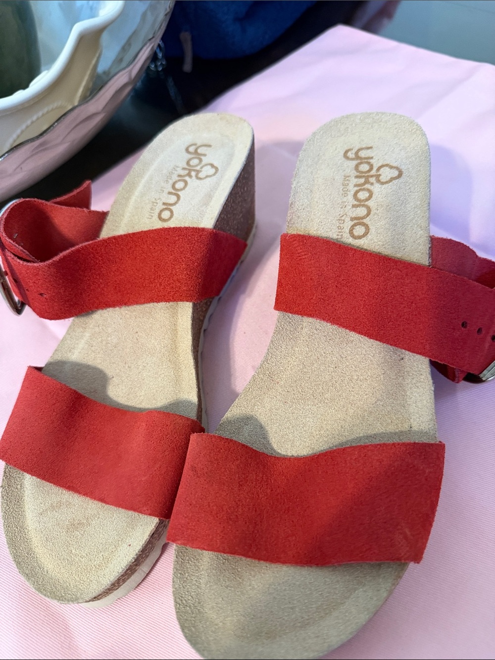 Yokono Women's Red Suede Wedge Sandals - Comfortable Slide